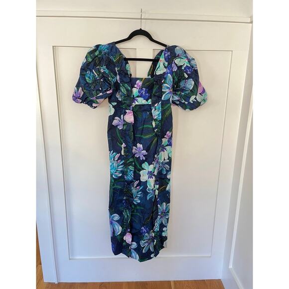 Farm Rio Maxi Dress Blue Floral Square Neck Puff Sleeve Midi M - Picture 2 of 6